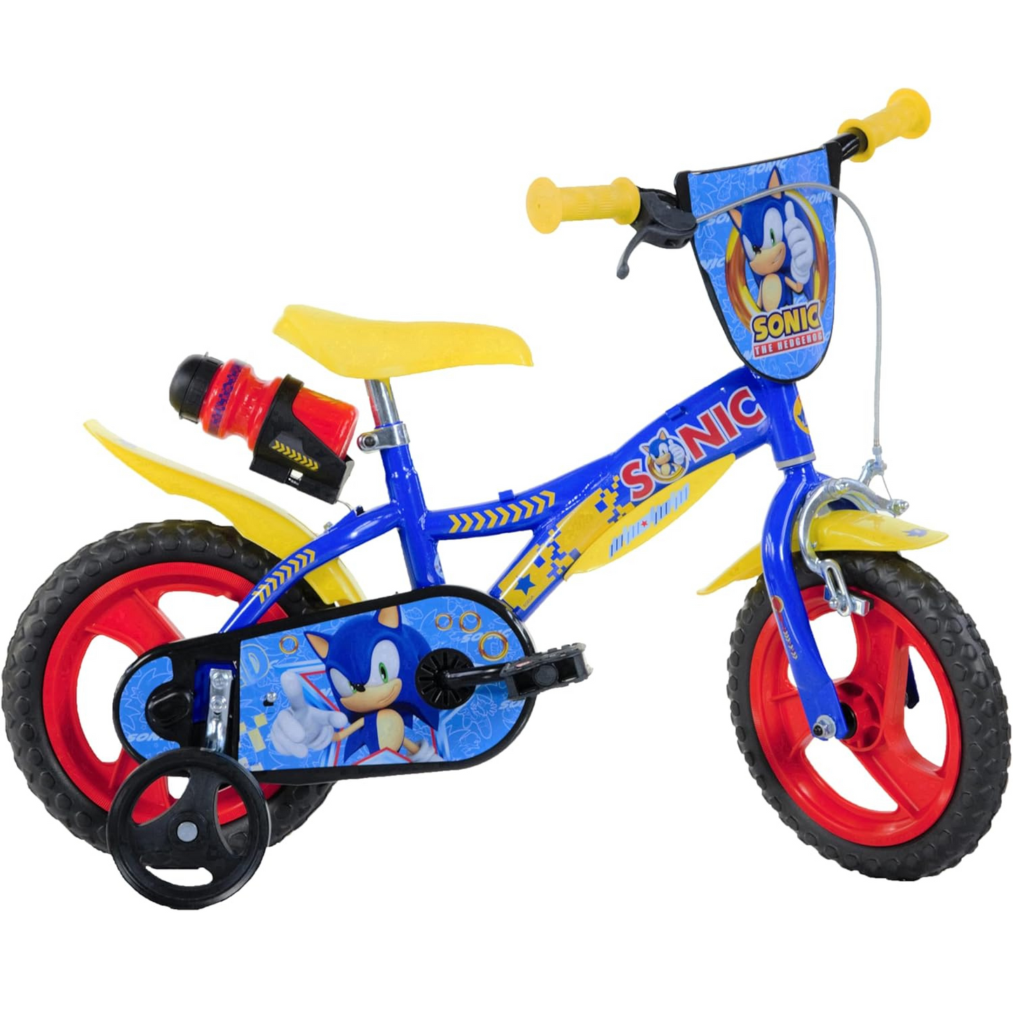 Sonic The Hedgehog, 12 inch with training wheel stabilisers and drinks bottle