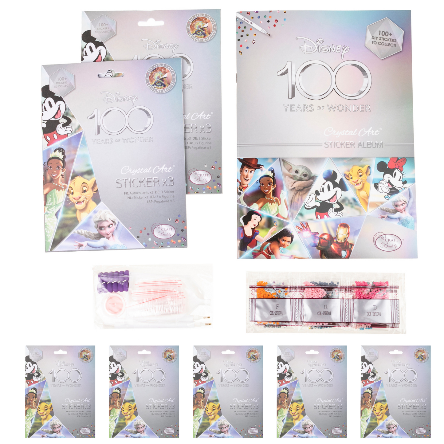 Disney 100 Sticker Album Starter Pack Crystal Art and 5 Additional packs