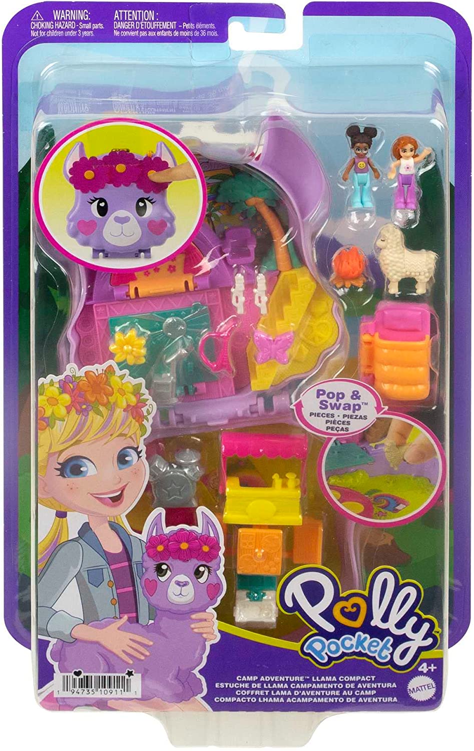 Polly Pocket Mini Toys, Camp Adventure Llama Compact Playset with 2 Micro Dolls and 13 Accessories, Pocket World Travel Toys with Surprise Reveals,